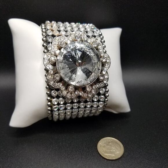 Rhinestone Wide Snap Bracelet, Clear Rhinestones Brown Faux Leather, 7 3/4 Inch - Picture 6 of 9